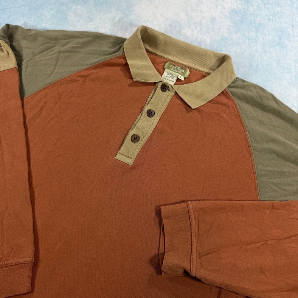 The Territory Ahead Polo Shirt Mens L Orange Colorblock Excellent Raglan Cotton